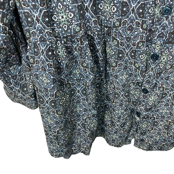 Catherines Peplum Geometric Print Button Up Shirt Women 1X Blue Roll Tab Sleeve - Picture 5 of 7